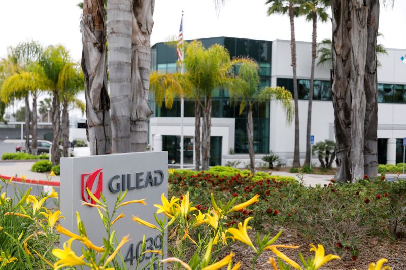 FILE PHOTO: Gilead Sciences Inc pharmaceutical company is seen after they announced a Phase 3 Trial of the investigational antiviral drug Remdesivir in patients with severe coronavirus disease (COVID-19), during the outbreak of the coronavirus disease (COVID-19), in Oceanside, California, U.S., April 29, 2020. REUTERS/Mike Blake