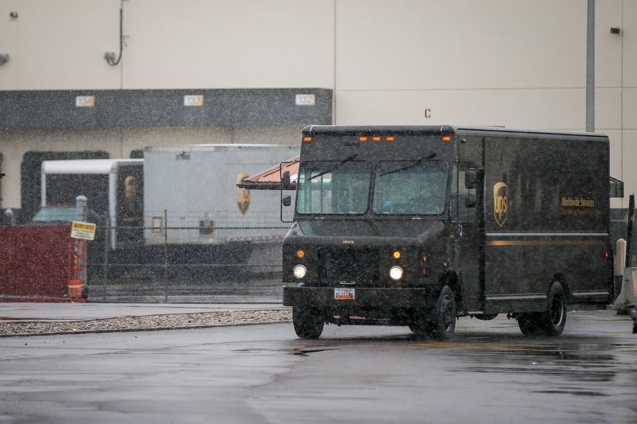 A truck leaves a UPS facility in West Valley City, Utah, on Wednesday, Nov. 27, 2019. 