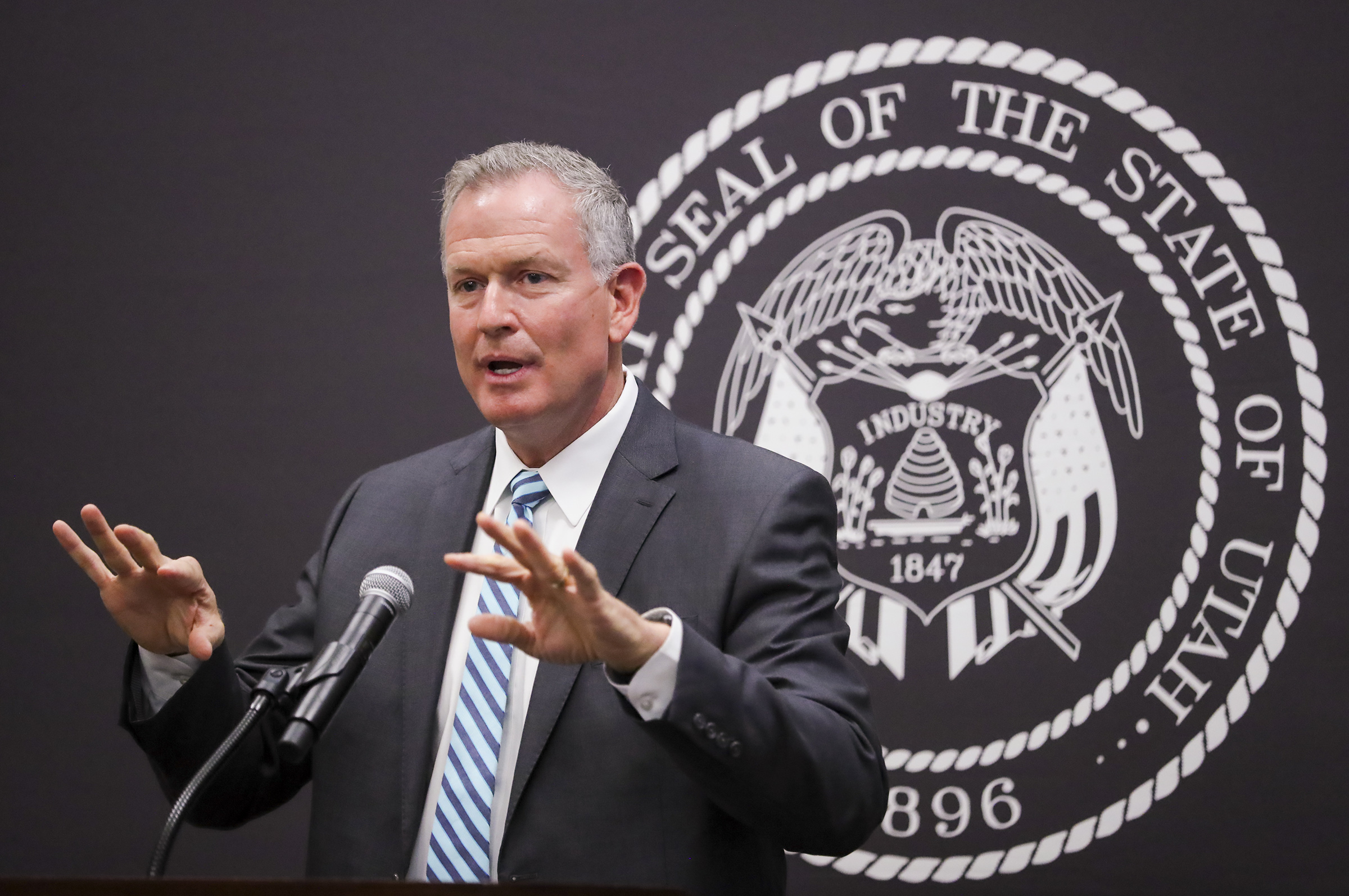 Richard Saunders, acting director of the Utah Department of Health, speaks as he joins with Gov. Gary Herbert, and state epidemiologist Dr. Angela Dunn in announcing major changes to Utahâ??s COVID-19 guidance system, at a press conference at the Capitol in Salt Lake City on Tuesday, Oct. 13, 2020.