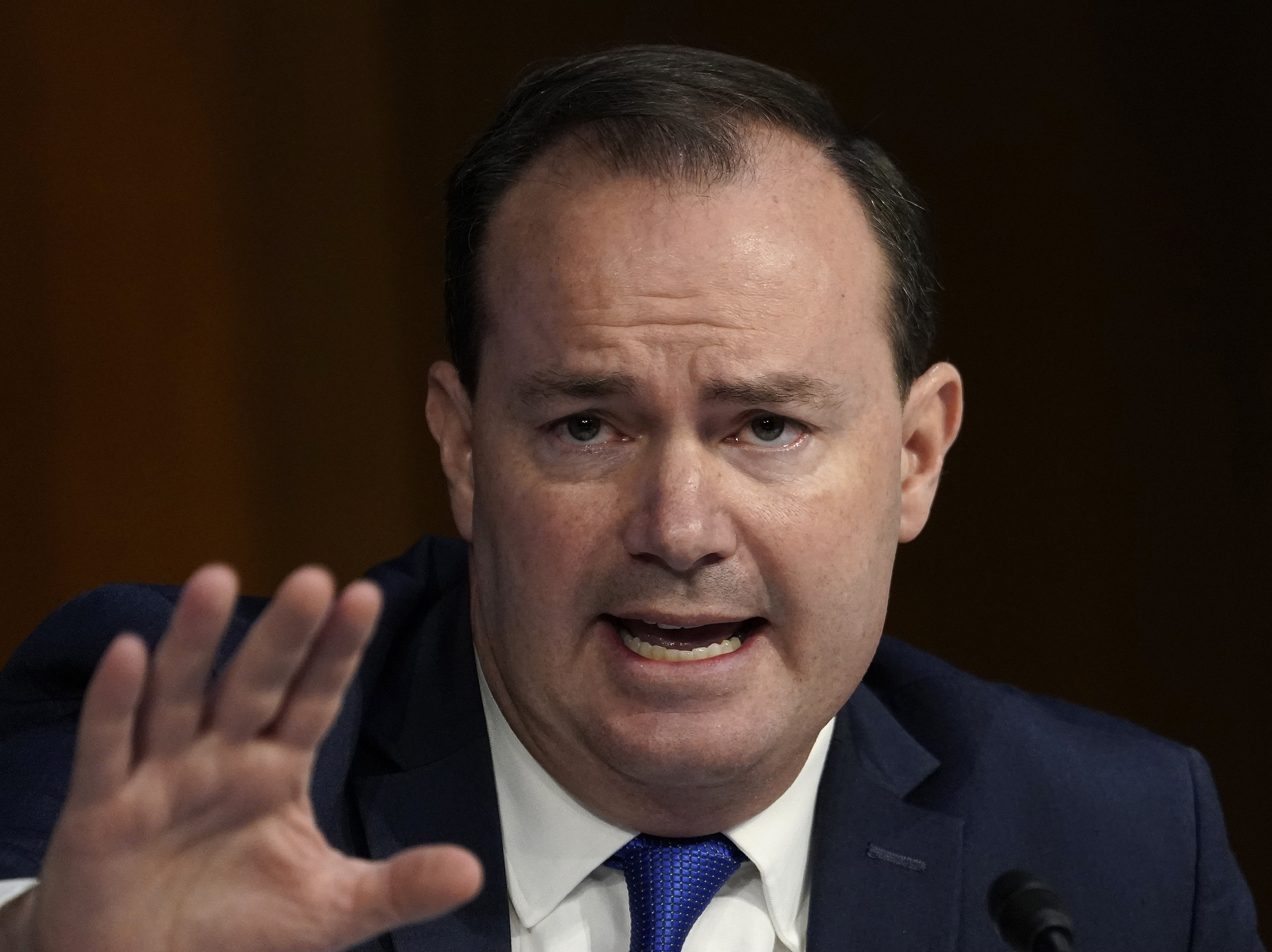 Sen. Mike Lee, R-Utah, questions Supreme Court nominee Amy Coney Barrett during the second day of her confirmation hearing before the Senate Judiciary Committee on Capitol Hill in Washington, Tuesday, Oct. 13, 2020. (Drew Angerer/Pool via AP) [Oct-13-2020]