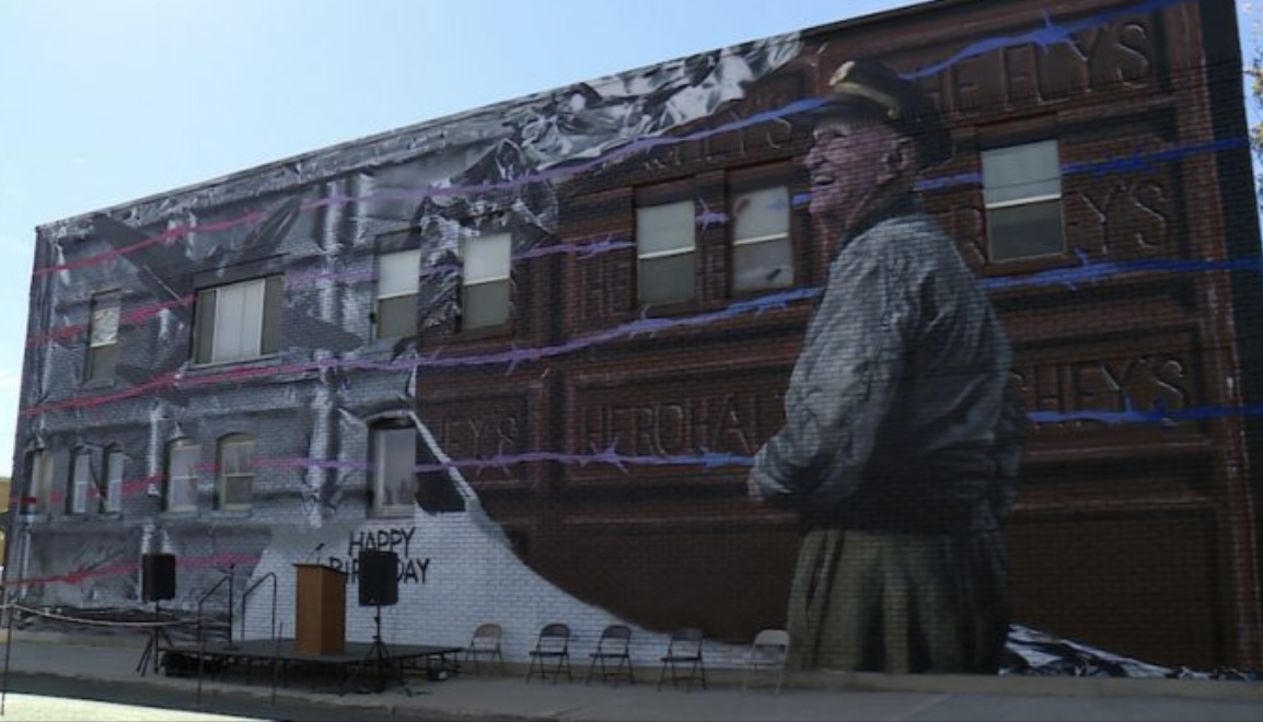 A mural honoring Colonel Gail Halvorsen, known as the “Candy Bomber,” in Tremonton. (KSL-TV)