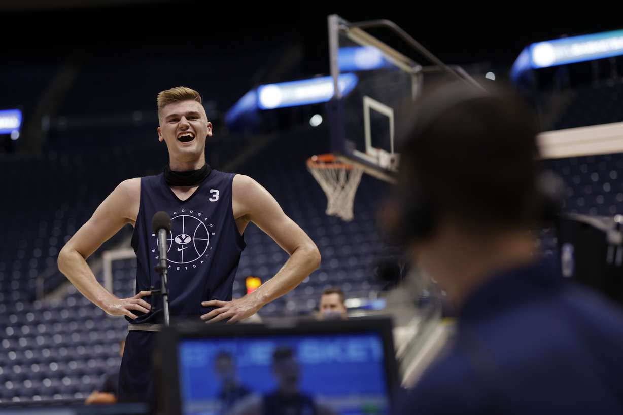 BYU center Matt Haarms speaks with the media during the first day of practice, Wednesday, Oct. 14, 2020 in the Marriott Center in Provo.