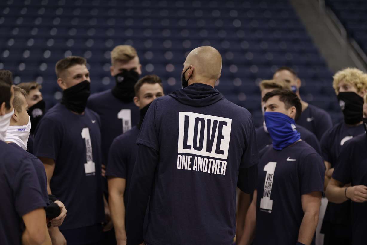 BYU coach Mark Pope addresses his team during the first day of practice, Wednesday, Oct. 14, 2020 in the Marriott Center in Provo.