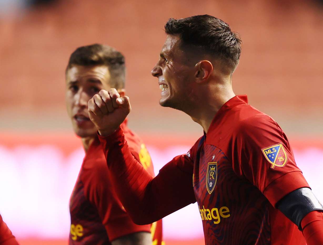 Real Salt Lake midfielder Damir Kreilach (8) celebrates a goal as RSL and Portland play an MLS soccer game at Rio Tinto Stadium in Sandy on Wednesday, Oct. 14, 2020.