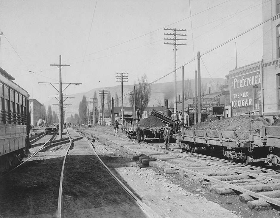 A 1910 image if three different railroads at Third West looking north from South Temple.