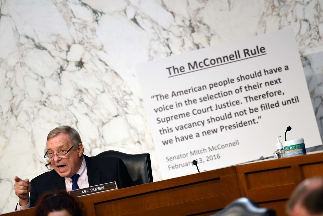 U.S. Sen. Dick Durbin (D-IL) speaks during the fourth day of the confirmation hearing for Supreme Court nominee Judge Amy Coney Barrett before the Senate Judiciary Committee on Capitol Hill in Washington, DC, U.S., October 15, 2020. Kevin Dietsch/Pool via REUTERS