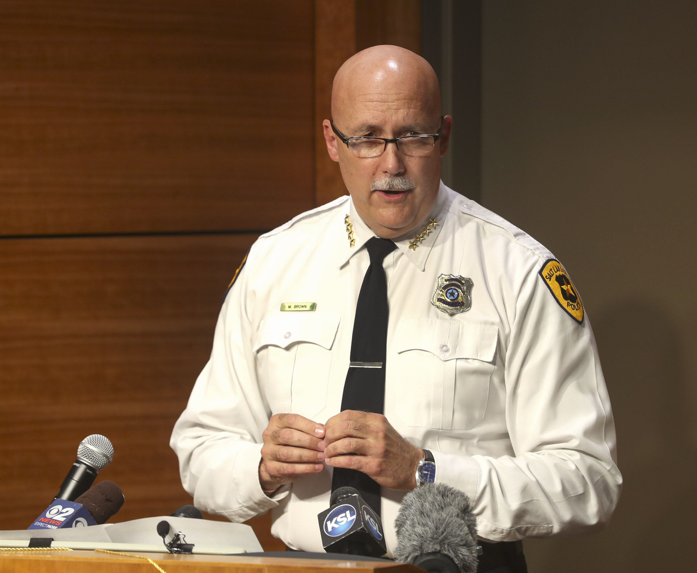 Salt Lake Police Chief Mike Brown, pictured in this Sept. 21, 2020 photo, called two weekend shooting deaths in the city abnormal on Monday, but said the spike in people using guns to solve conflicts needs to stop.