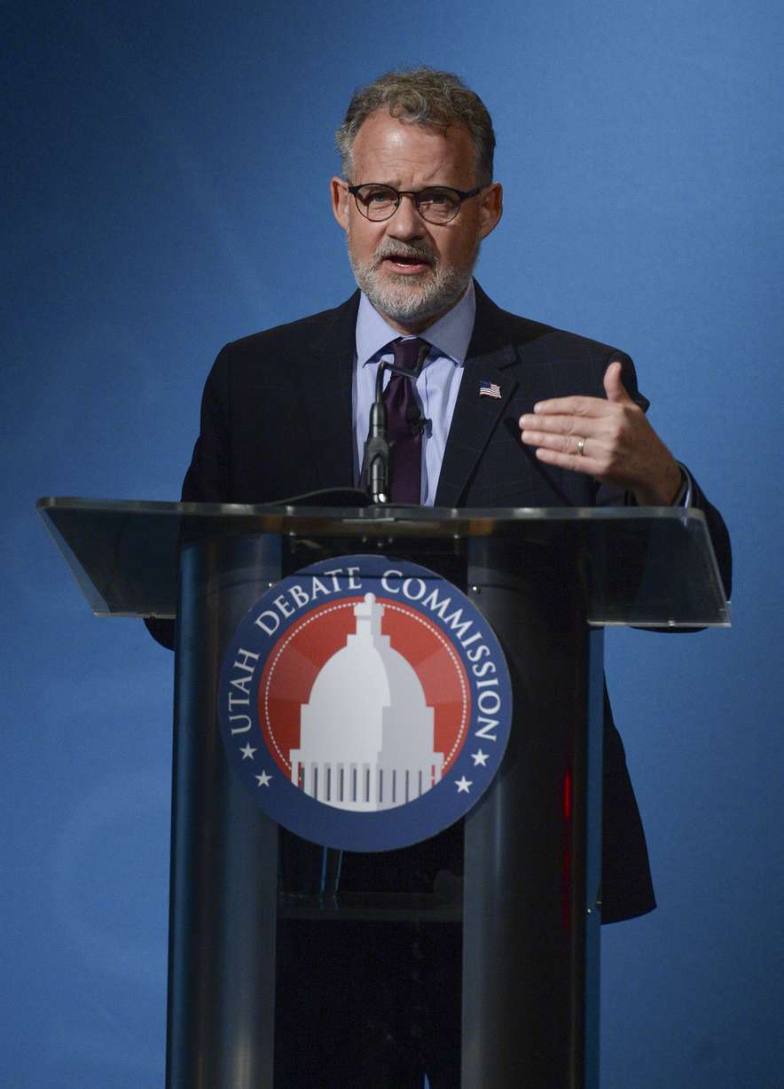 Democrat Devin Thorpe, a candidate for Utah's 3rd Congressional District, participates in a debate at the Triad Center in Salt Lake City, Oct. 15, 2020.