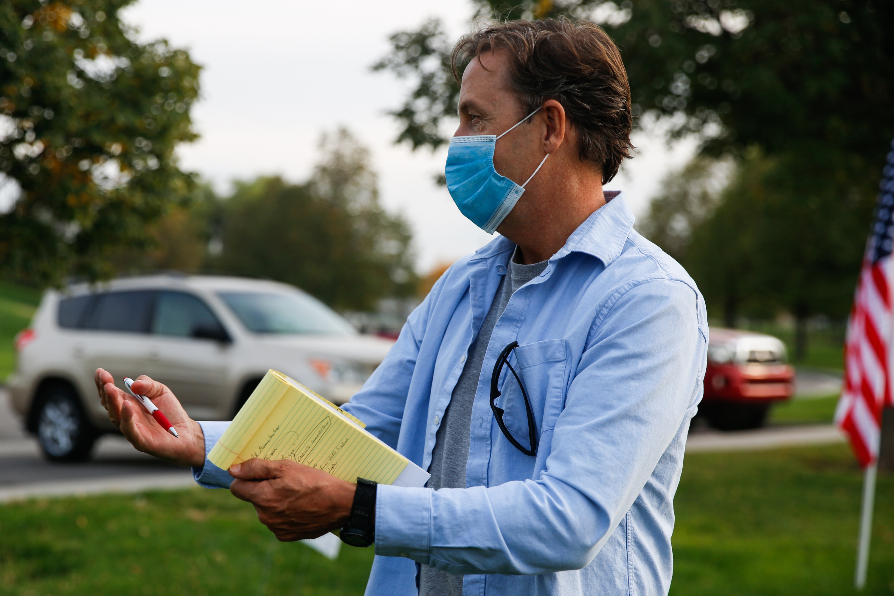 Democrat Kael Weston, a candidate for Utah's 2nd Congressional District, addresses a few spectators during a small campaign gathering at West Valley City Park in West Valley City on Thursday, Oct. 8, 2020.