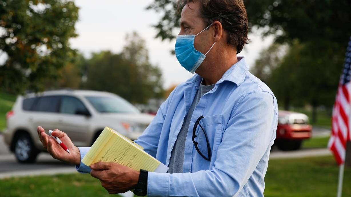Democrat Kael Weston, a candidate for Utah's 2nd Congressional District, addresses a few spectators during a small campaign gathering at West Valley City Park in West Valley City on Thursday, Oct. 8, 2020.
