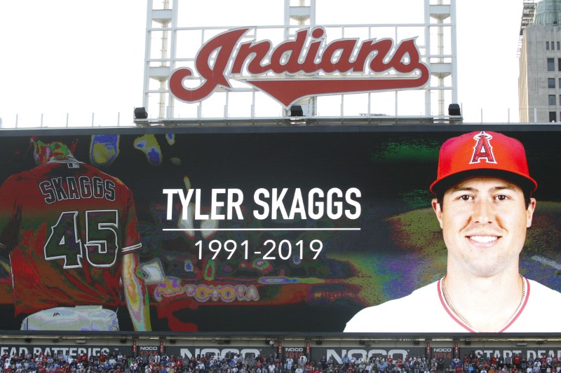 FILE PHOTO: Jul 9, 2019; Cleveland, OH, USA; Los Angeles Angles player Tyler Skaggs is remembered during a moment of silence prior to the 2019 MLB All Star Game at Progressive Field. Mandatory Credit: Charles LeClaire-USA TODAY Sports
