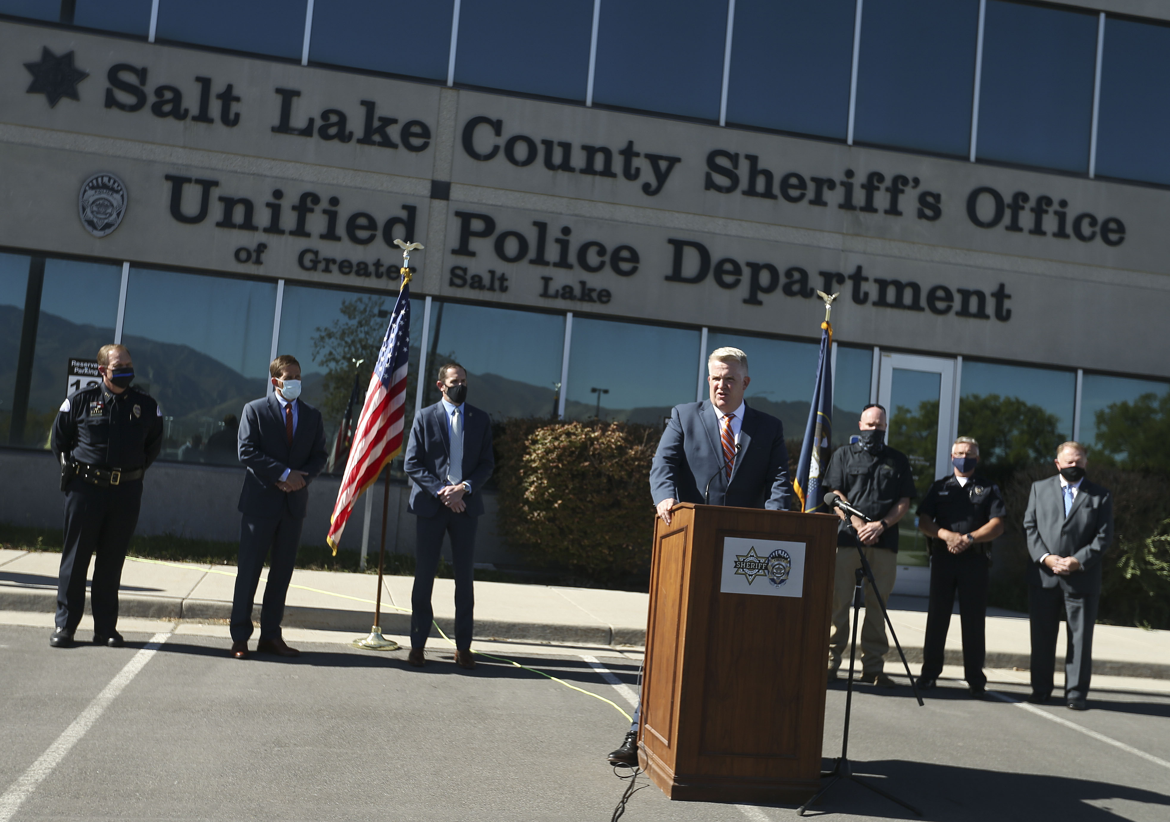 U.S. Attorney John Huber speaks to reporters about the arrest of 20 white supremacy gang members and their associates outside the Salt Lake County Sheriff's Office in Salt Lake City on Friday, Oct. 16, 2020.