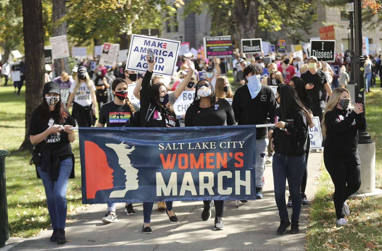 Women's march participants leave the Salt Lake City-County Building for the state Capitol in Salt Lake City on Saturday, Oct. 17, 2020. The march was tied with the Washington D.C. march in opposition to President Donald Trump.