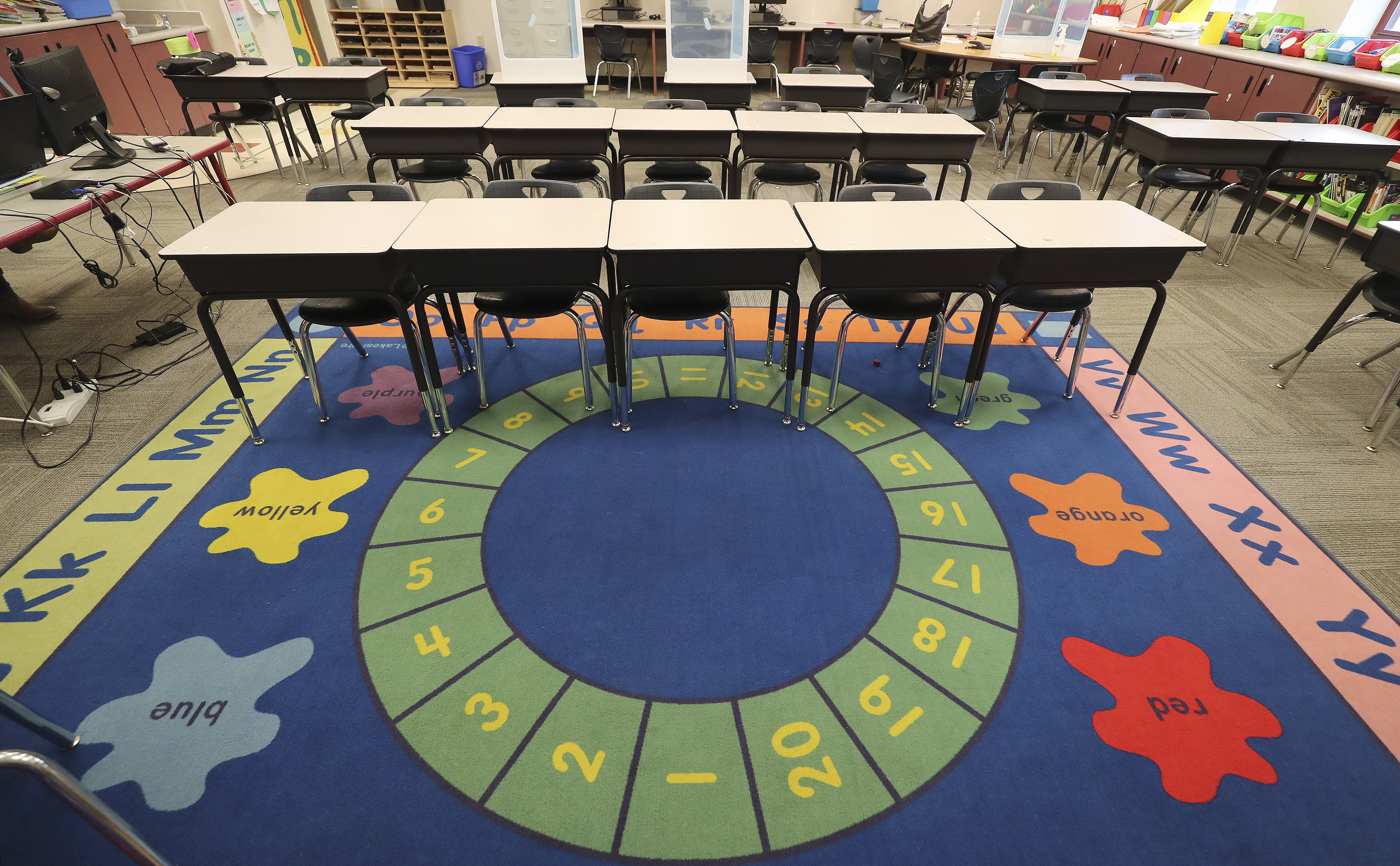 A third-grade classroom at Parkview Elementary School in Salt Lake City sits empty on the first day of school as students attend classes online on Sept. 8, 2020. The Utah Department of Health announced Monday it is strongly encouraging students in K-12 schools to wear masks and physical distance when indoors this coming school year.