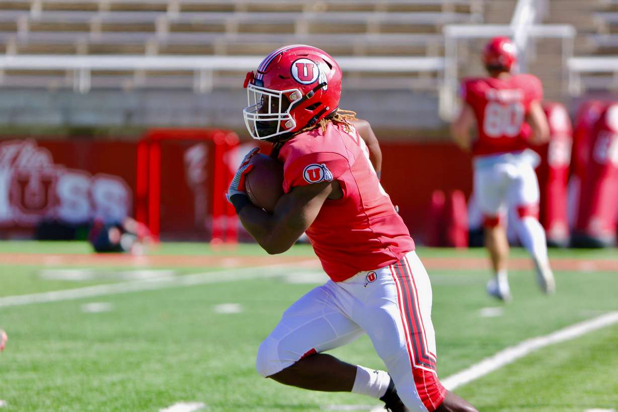 Sophomore running back Jordan Wilmore runs free during Utah's first scrimmage of fall on Oct. 17, 2020 at Rice-Eccles Stadium.