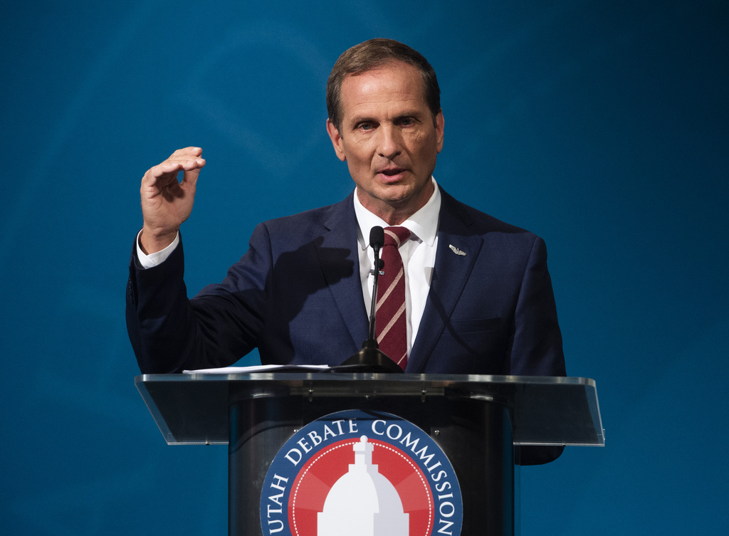 Chris Stewart (R) speaks during the 2nd Congressional District debate between J. Robert Latham (L), Chris Stewart (R) and Kael Weston (D), at KSL Studio in Salt Lake City, on Monday, October 19, 2020.