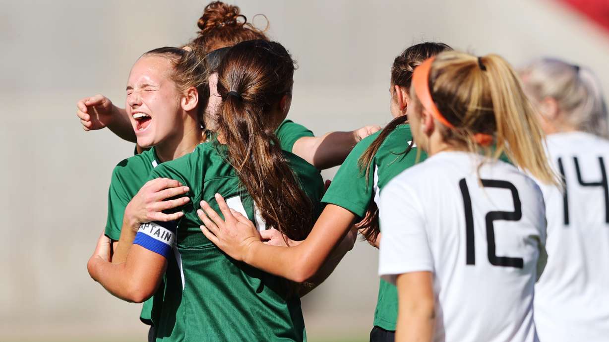 Olympus players celebrate a goal as they play Murray in 5A girls soccer state semifinal action at Rio Tinto Stadium in Sandy, Utah, on Tuesday, Oct. 20, 2020. Olympus won 2-1 to advance to the championship game.