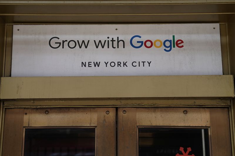 A Google sign is pictured on a Google building in the Manhattan borough of New York City, New York, U.S., October 20, 2020. REUTERS/Carlo Allegri