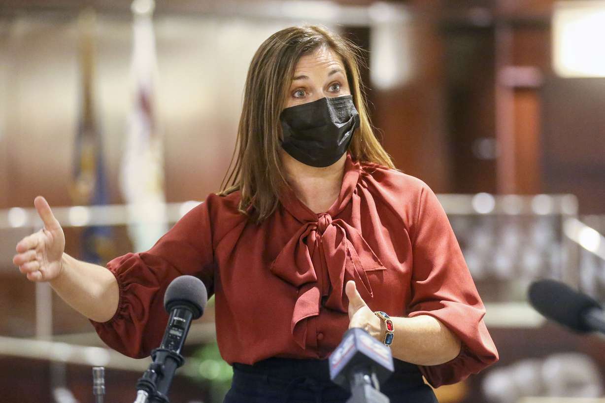 Salt Lake County Mayor Jenny Wilson talks to members of the media about the county's budget for 2021 at the Salt Lake County Council Chambers in Salt Lake City on Tuesday, Oct. 20, 2020.