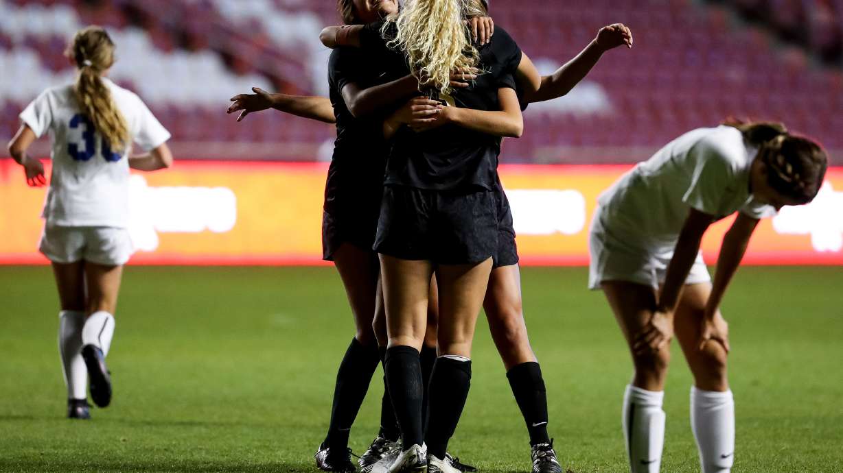 Davis players celebrate after Grace Nicol, center, scored on Pleasant Grove, putting Davis up 3-0, in a 6A girls soccer semifinal game at Rio Tinto Stadium in Sandy on Tuesday, Oct. 20, 2020.
