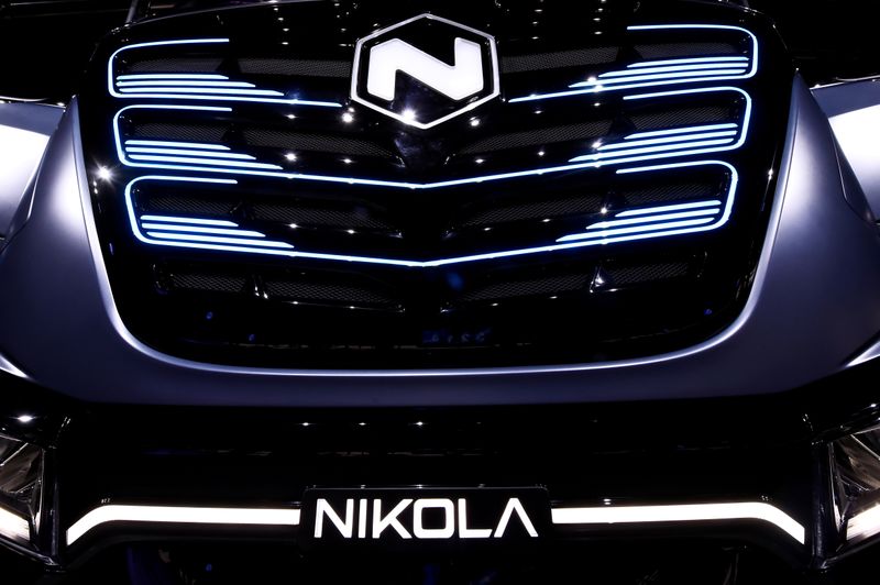 FILE PHOTO: U.S. Nikola's logo is pictured at an event held to present CNH's new full-electric and hydrogen fuel-cell battery trucks in partnership with U.S. Nikola event in Turin, Italy, December 3, 2019. REUTERS/Massimo Pinca
