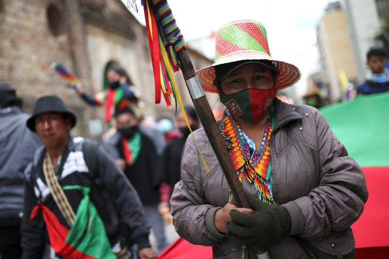 Colombian indigenous people participate in a protest against Colombia's President Ivan Duque's policies, during an indigenous meeting called "Minga" in Bogota, Colombia October 21, 2020. REUTERS/Luisa Gonzalez?