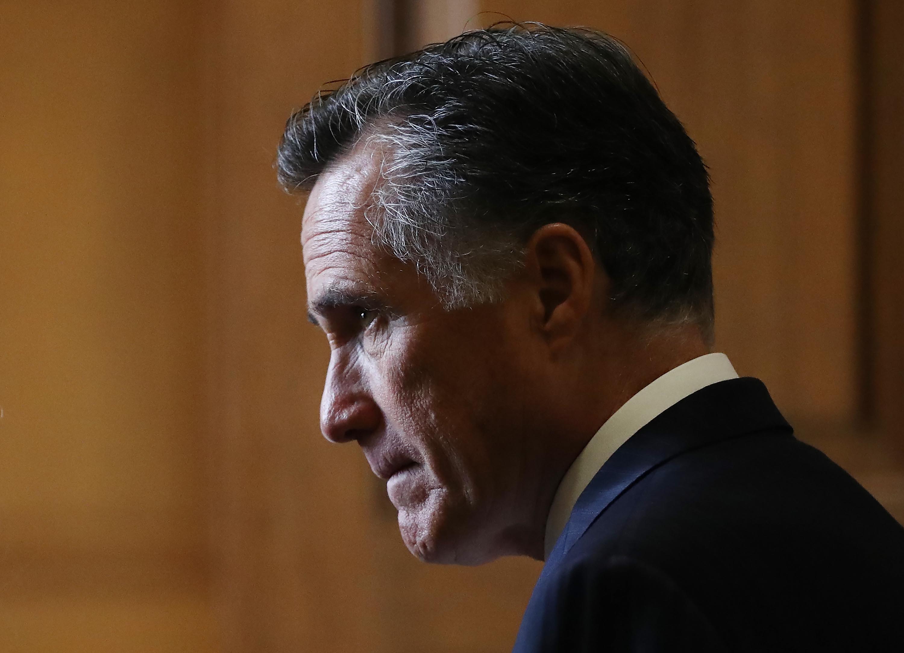 WASHINGTON, DC - JANUARY 24: Sen. Mitt Romney (R-UT) stands in a hallway near the Senate chamber in the U.S. Capitol on January 24, 2020 in Washington, DC. Impeachment trial proceedings against President Donald Trump have resumed today. (Photo by Mario Tama/Getty Images)