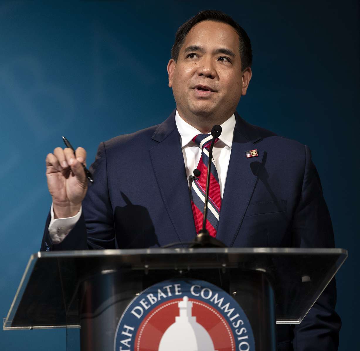 Utah Attorney General Sean Reyes, a Republican, answers a question as he debates defense attorney Greg Skordas, a Democrat, in the KSL studios in Salt Lake City on Wednesday, Oct. 21, 2020.