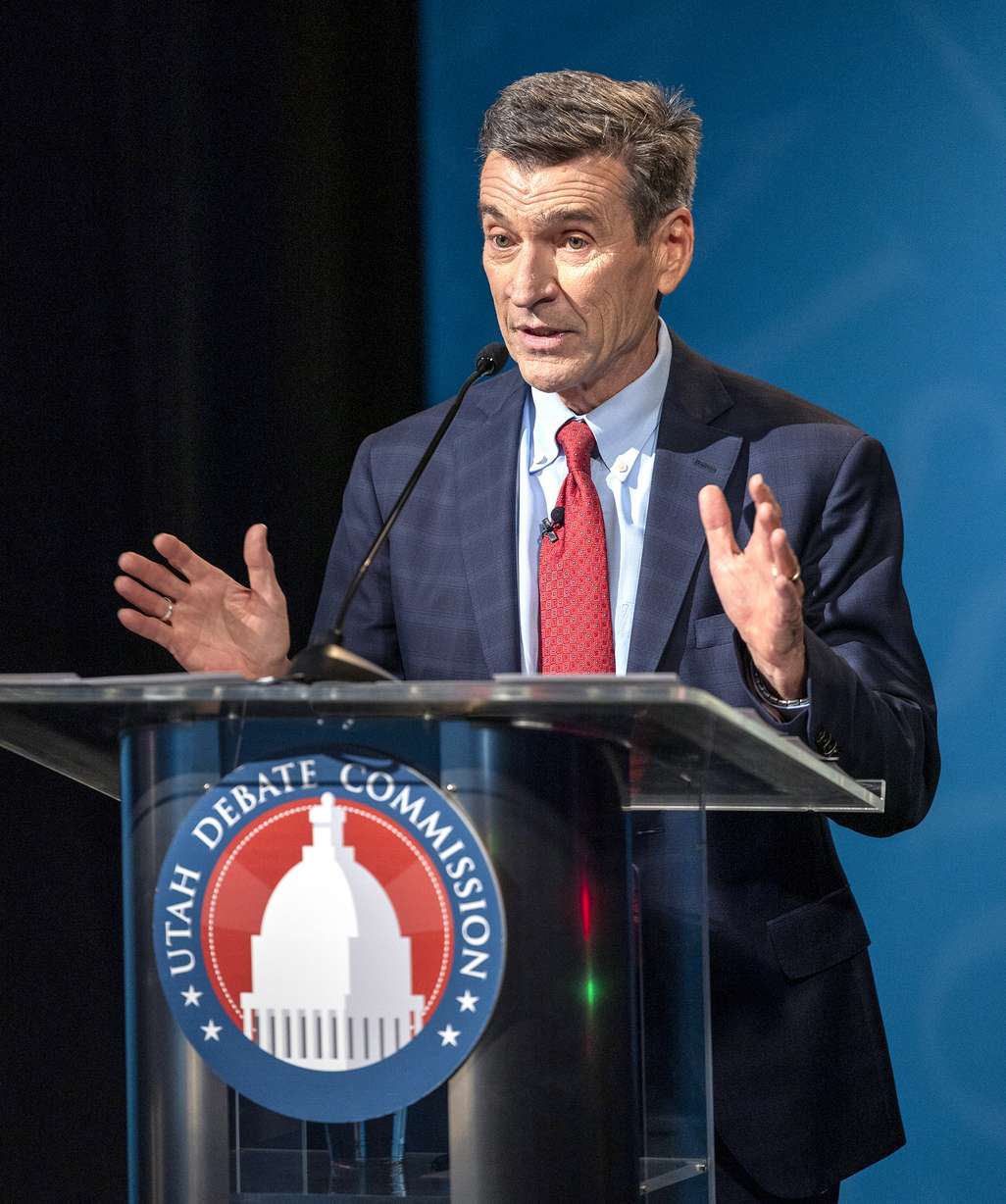 Defense attorney Greg Skordas, a Democrat, answers a question as he and Utah Attorney General Sean Reyes, a Republican, debate in the KSL studios in Salt Lake City on Wednesday, Oct. 21, 2020.