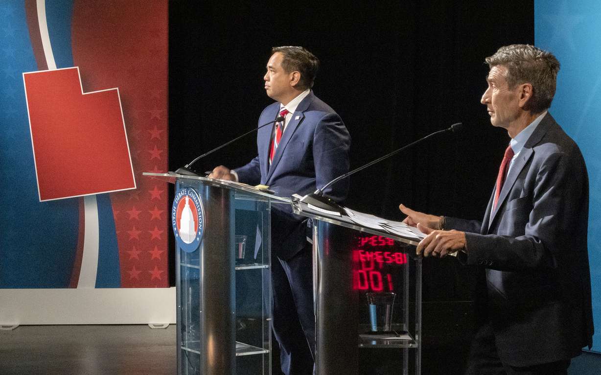 Utah Attorney General Sean Reyes, a Republican, and defense attorney Greg Skordas, a Democrat, debate in the KSL studios in Salt Lake City on Wednesday, Oct. 21, 2020.
