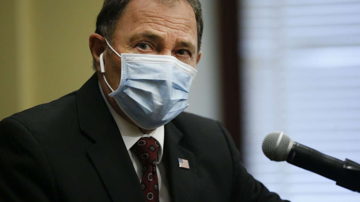 Gov. Gary Herbert wears a mask prior to speaking at his monthly new conference with PBS Utah at the Capitol in Salt Lake City on Thursday, Oct. 22, 2020.
