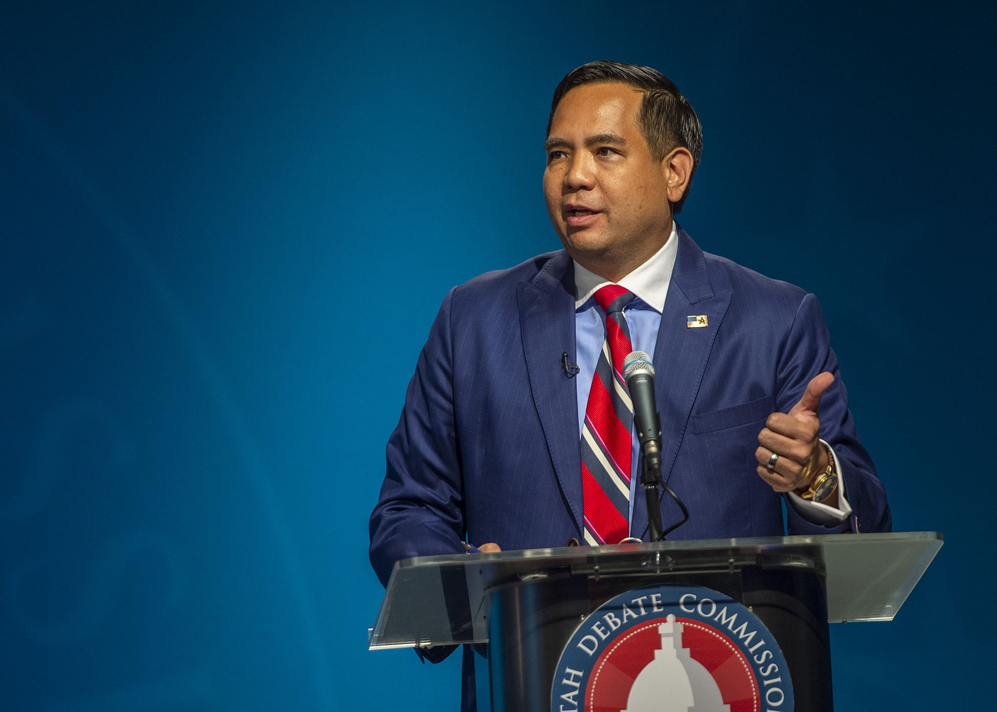 Utah Attorney General Sean Reyes speaks during the Utah attorney general Republican primary debate at the PBS Utah studios in on Tuesday, June 2, 2020.