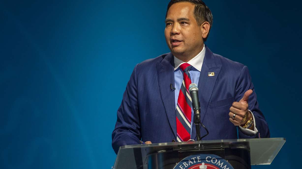 Utah Attorney General Sean Reyes speaks during the Utah attorney general Republican primary debate at the PBS Utah studios in on Tuesday, June 2, 2020.