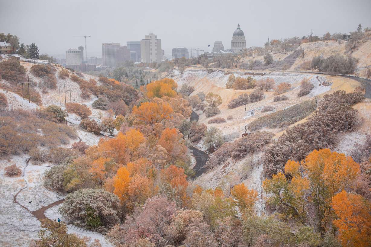 Snow falls in Salt Lake City on Sunday, Oct. 25, 2020. The city officially received an inch of snow Sunday but some parts of the Wasatch Front received multiple inches.