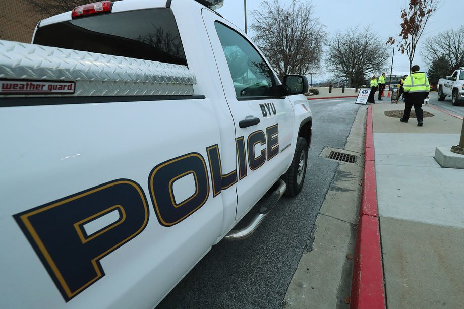 BYU police monitor traffic at a university basketball game in Provo on Thursday, Feb. 21, 2019