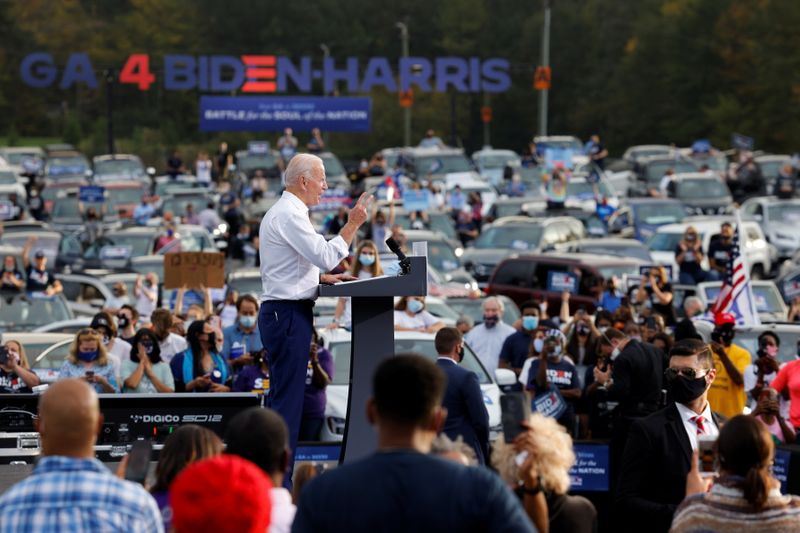 Democratic U.S. presidential nominee and former Vice President Joe Biden speaks during a campaign stop in Atlanta, Georgia, U.S. October 27, 2020.