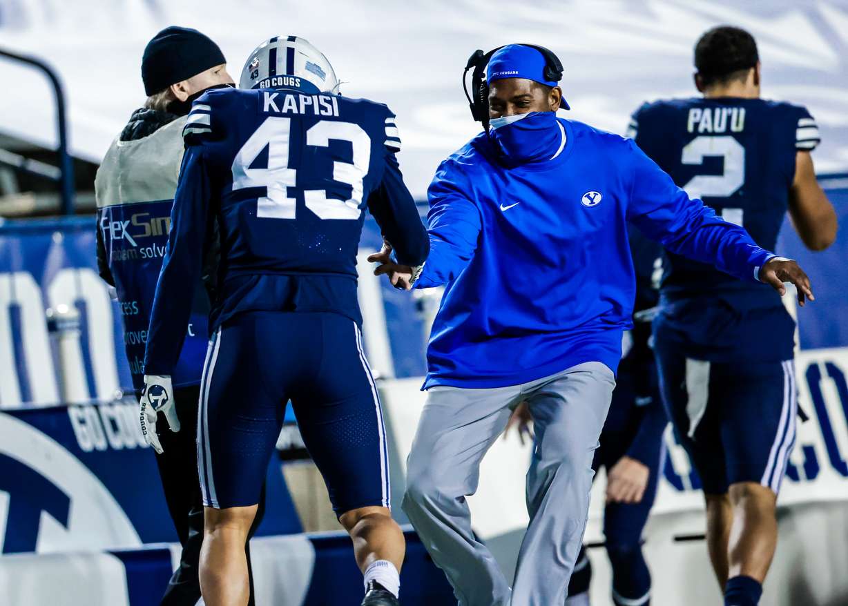 Jared Kapisi celebrates after an interception in the fourth quarter in BYU's win over Texas State at LaVell Edwards Stadium in Provo, Saturday, Oct. 24, 2020.