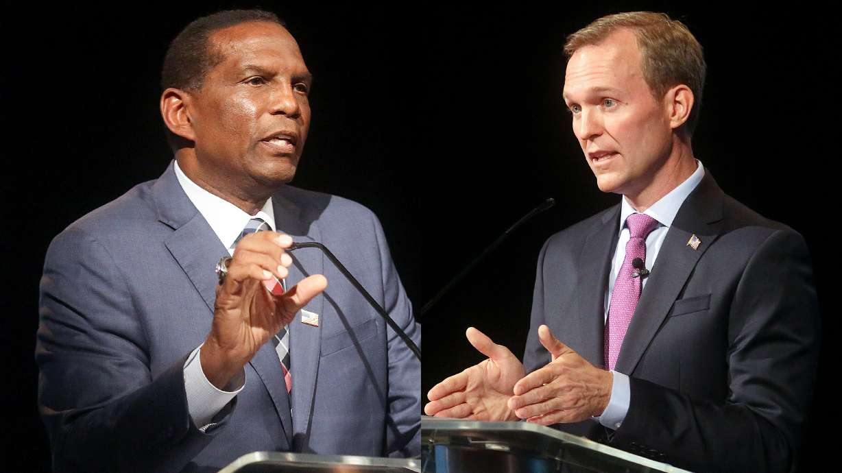 Republican Burgess Owens, left, and Rep. Ben McAdams, D-Utah, participate in the 4th Congressional District debate at the Triad Center in Salt Lake City on Monday, Oct. 12, 2020, in this composite image.