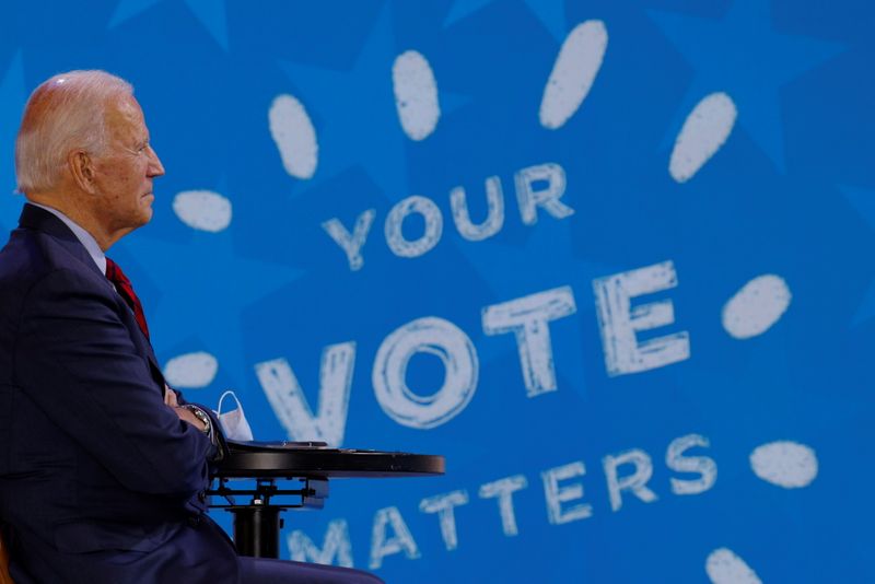 Democratic U.S. presidential nominee and former Vice President Joe Biden takes part in a virtual Get Out the Vote event with Oprah Winfrey in Wilmington, Delaware, U.S., October 28, 2020.   REUTERS/Brian Snyder
