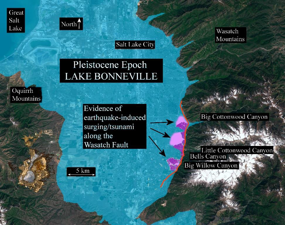 This map shows the area of Salt Lake County researched by Richard Spedden and where it would be in relation to Lake Bonneville in during the Pleistocene era.