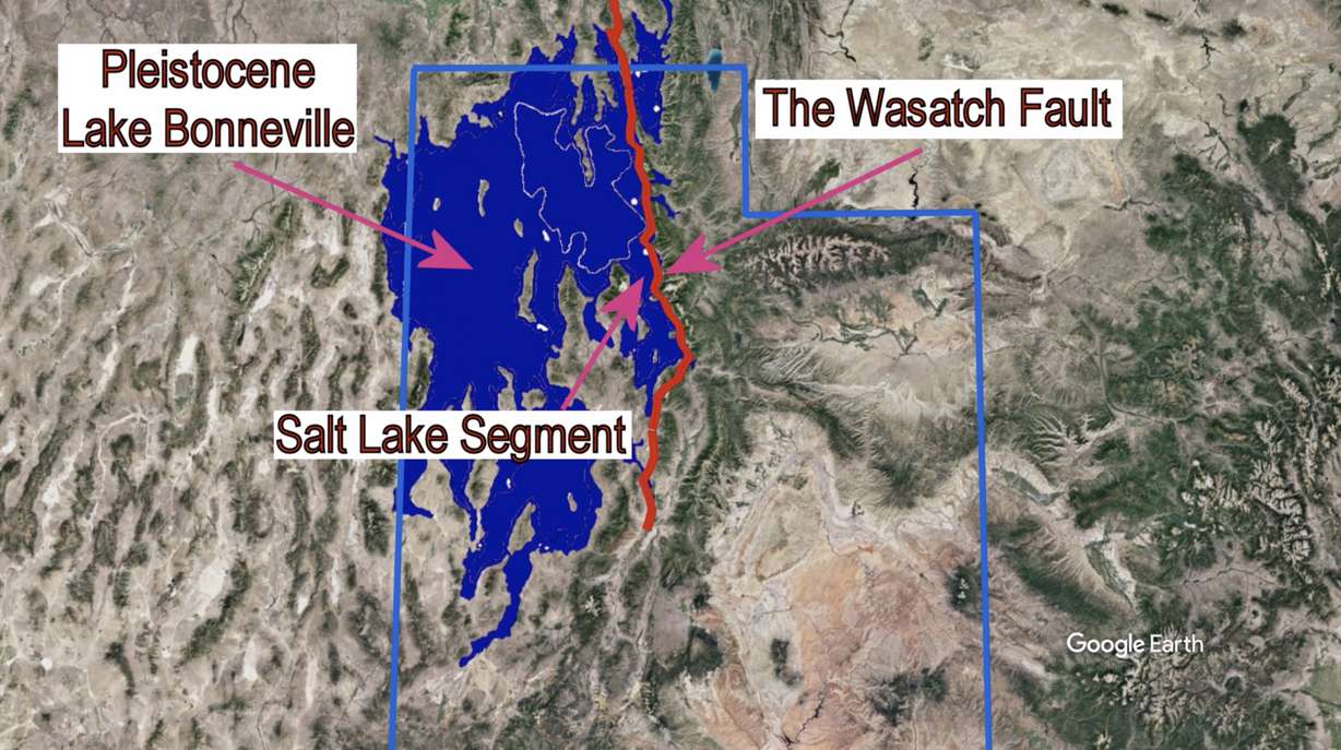 This map shows where the Wasatch Fault and Lake Bonneville overlapped during the Pleistocene era thousands of years ago.