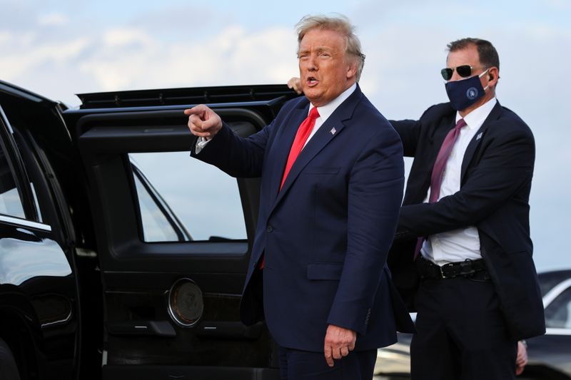 FILE PHOTO: U.S. President Donald Trump points a finger as he prepares to get into a vehicle after arriving aboard Air Force One at Pope Airfield, in Fort Bragg, North Carolina, U.S., October 29, 2020. REUTERS/Jonathan Ernst