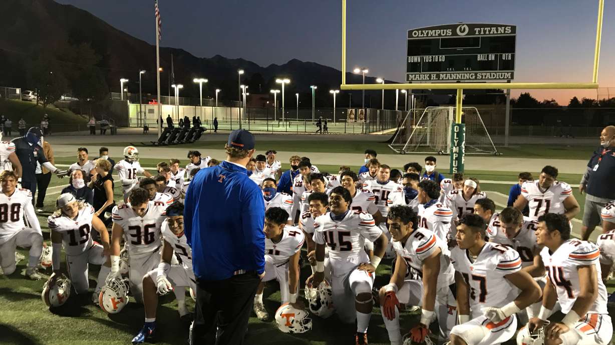 Timpview coach Andy Stokes spokes to his team after the Thunderbirds' 35-13 win at Olympus, Friday, Oct. 30, 2020 in the second round of the Class 5A state playoffs.