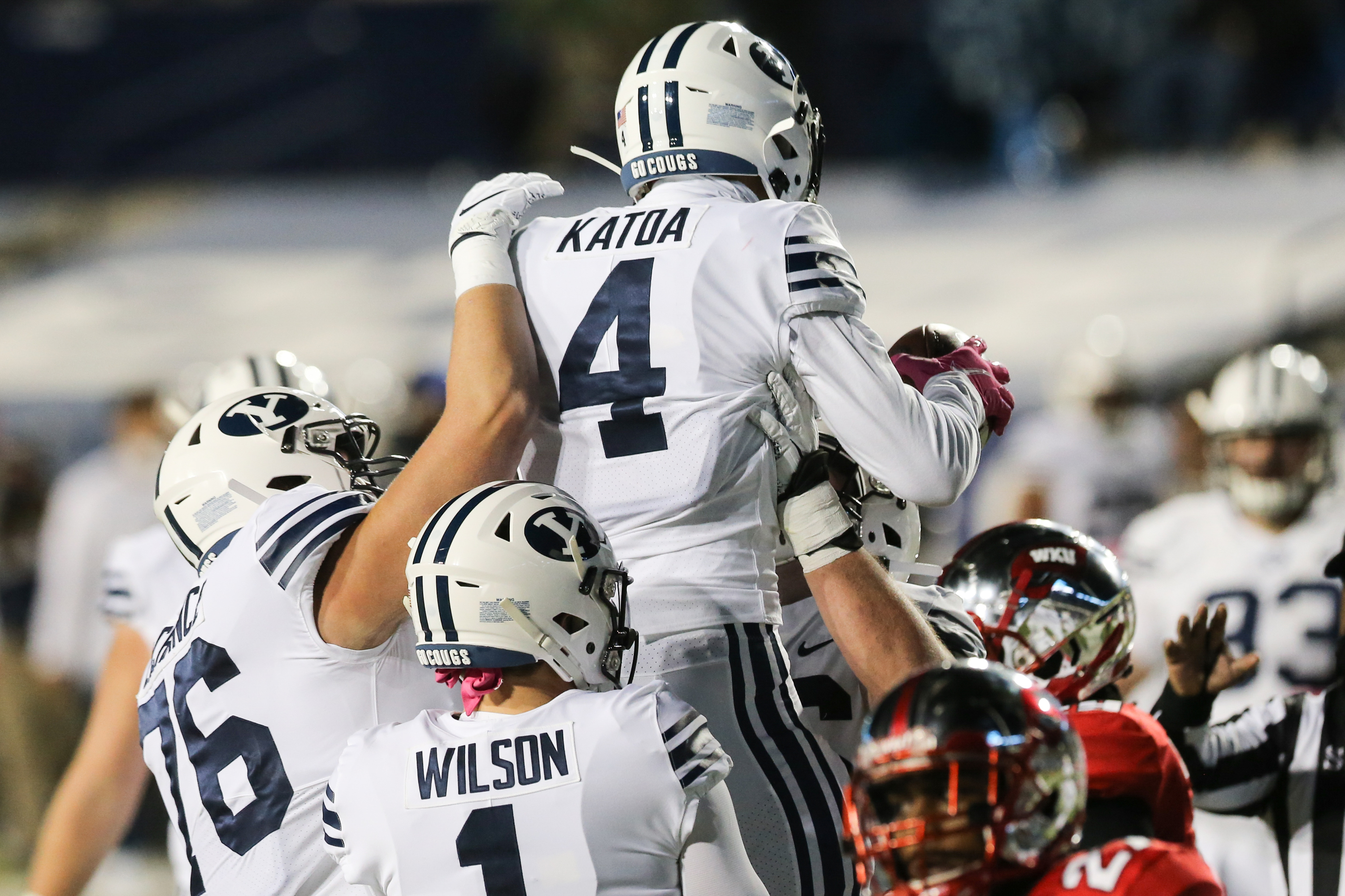 BYU running back Lopini Katoa celebrates a touchdown during a NCAA football game at LaVell Edwards Stadium in Provo on Saturday, Oct. 31, 2020.