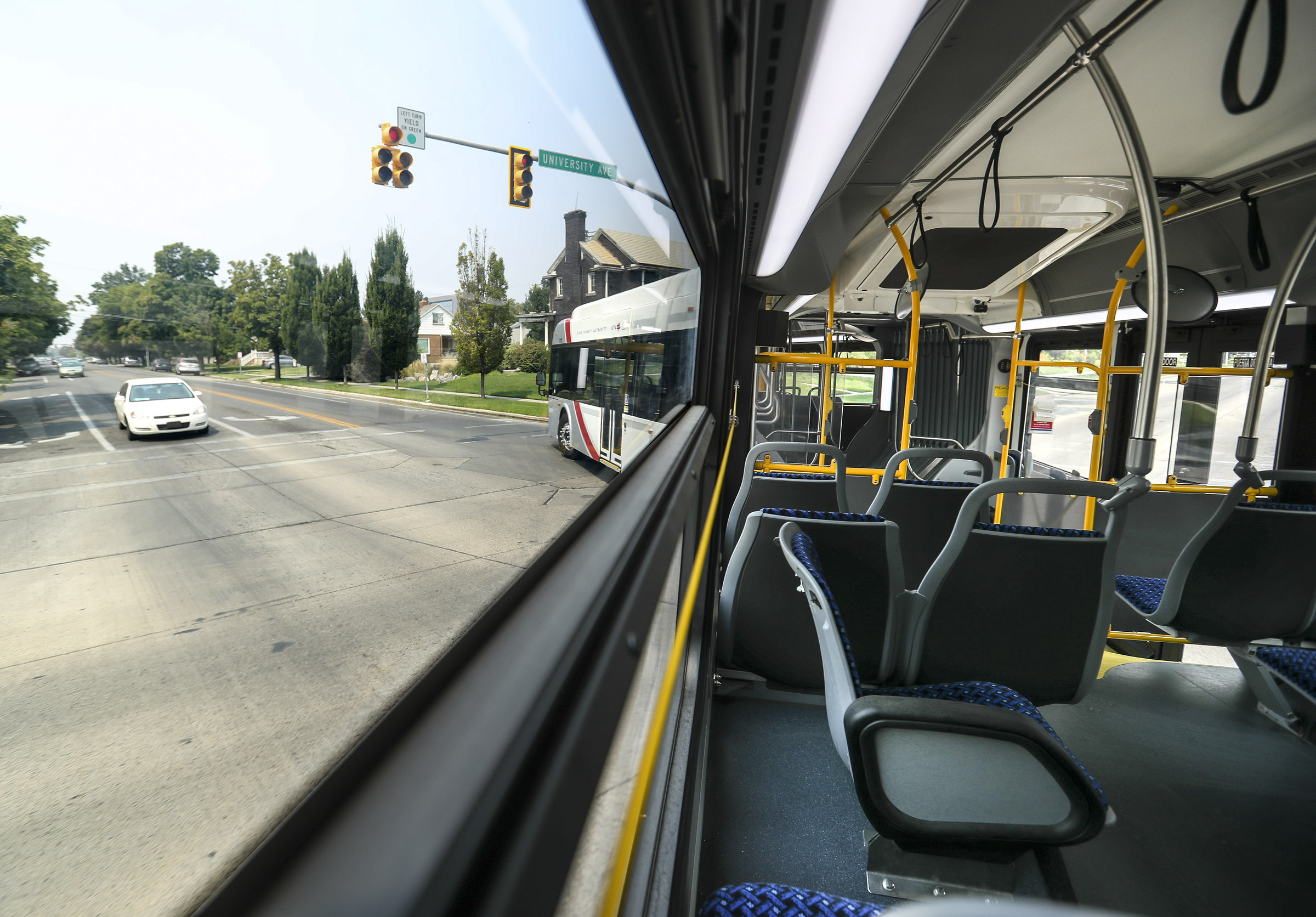 A Utah Transit Authority hybrid electric articulated bus makes a left-hand turn in Provo during a test run of the Utah Valley Express on Friday, Aug. 10, 2018. The bus rapid transit line service starts Monday.