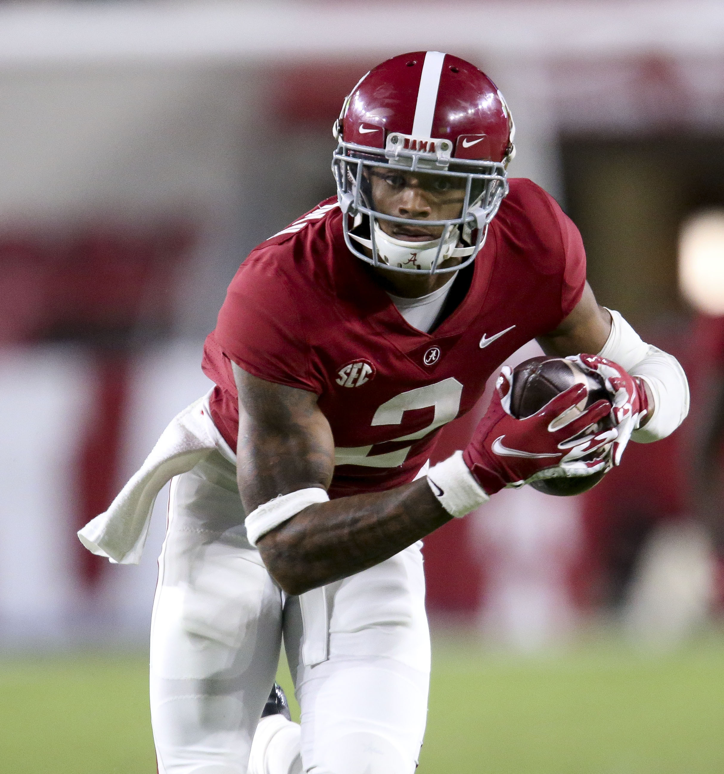 Alabama defensive back Patrick Surtain II (2) returns an interception for a touchdown against Mississippi State  during an NCAA college football game Saturday, Oct. 31, 2020, in Tuscaloosa, Ala. (Gary Cosby Jr./The Tuscaloosa News via AP)
