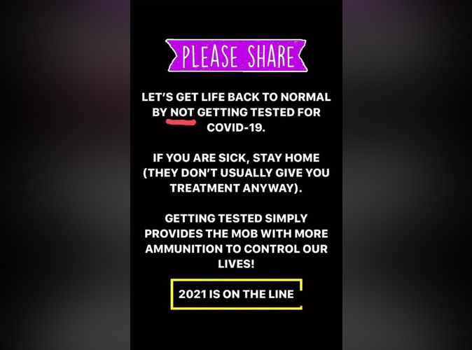 A screen shot of the post reportedly found on Utah Tonight’s Instagram story. Representatives of the Salt Lake County Health Department say this advice is extremely reckless, since people could be infecting others without knowing it.