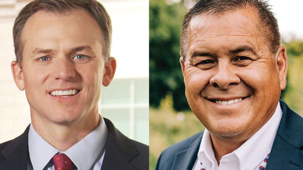 Republican Blake Moore, left, and Democrat Darren Parry, right, candidates for the 1st Congressional District, are pictured in handout photos from the Utah Debate Commission on Sept. 25, 2020.