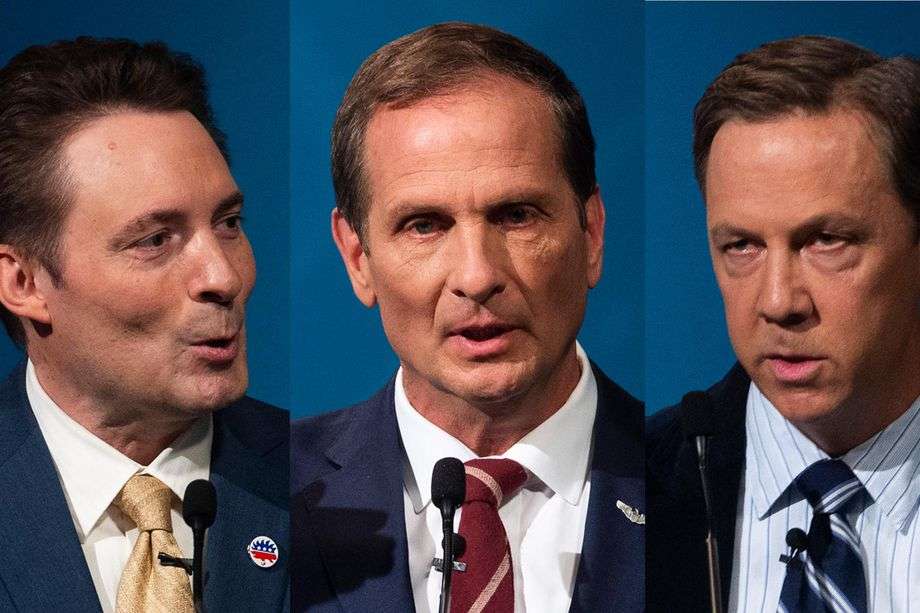 J. Robert Latham, Libertarian, left, Rep. Chris Stewart, R-Utah, and Kael Weston, Democrat, right, are pictured during the 2nd Congressional District at KSL Studio in Salt Lake City, on Monday, October 19, 2020.