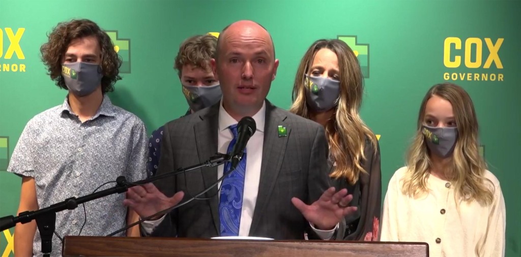 Gov.-elect Spencer Cox gives his acceptance speech on Tuesday, Nov. 3, 2020, on Facebook with his family behind him.